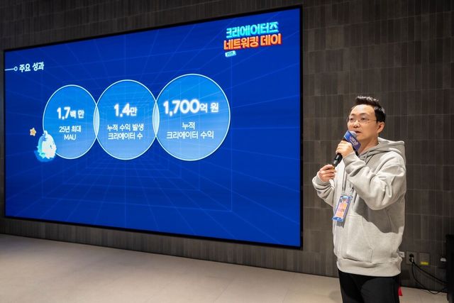 ©AP신문(AP뉴스)/이미지 제공 = 넥슨 ▲신민석 총괄 디렉터가 지난 6일 넥슨 판교 사옥에서 열린 ‘메이플스토리 월드 크리에이터즈 네트워킹 데이’에 참석해 키노트 발표를 하고 있다.