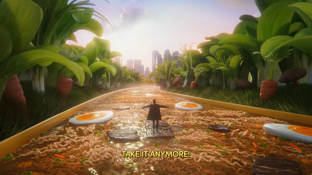 [AP신문 광고평론 No.1244]&nbsp;온 세상이 라면처럼 변화하고 그 가운데 진이 서있다. 사진 오뚜기 유튜브 캡처ⓒAP신문(AP뉴스)