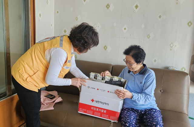 ©AP신문(AP뉴스)/이미지 제공 = 대한적십자사 ▲고려아연의 후원으로 적십자사 봉사원이 희망풍차 결연세대와 취약계층에 지원물품을 전달하는 모습