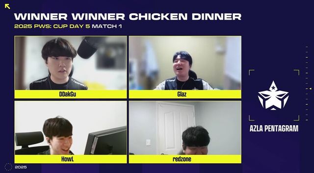 ©AP신문(AP뉴스)/이미지 제공 = 크래프톤 ▲아즈라 펜타그램이 4일 온라인으로 진행된 크래프톤 주최 '2025 PUBG WEEKLY SERIES: CUP' 스테이지 3 데이 5 경기에서 매치 1 13킬 치킨을 획득하며, 파이널 어드밴스 포인트 10점과 함께 파이널에 직행했다.