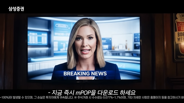 [AP신문 광고평론 No.1333]&nbsp; ​​​​​​​뉴스 아나운서가 'mPOP'을 다운로드하라고 말하고 있다. 사진 삼성증권 유튜브 캡처ⓒAP신문(AP뉴스)
