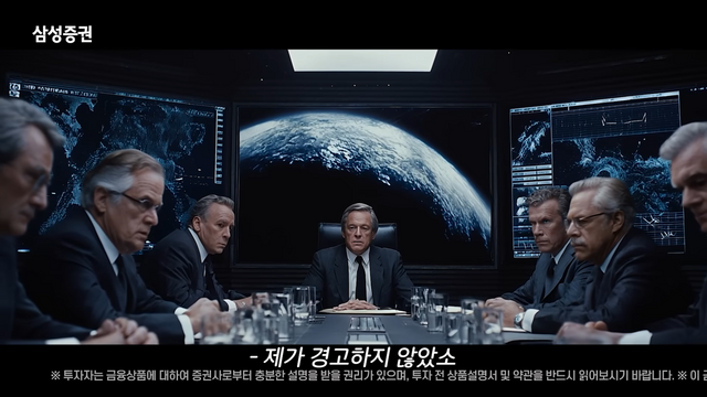 [AP신문 광고평론 No.1333]&nbsp; ​​​​​​​운석 충돌을 두고 회의하는 사람들. 사진 삼성증권 유튜브 캡처ⓒAP신문(AP뉴스)