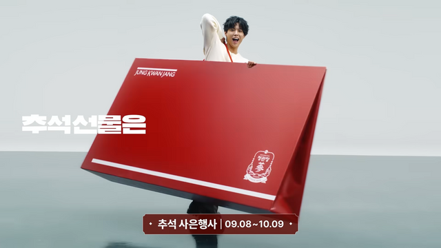 [AP신문 광고평론 No.1353]&nbsp; ​​​​​​​박보검이 커다란 정관장 선물세트 쇼핑백을 메고 있다. 사진 정관장 유튜브 캡처ⓒAP신문(AP뉴스)