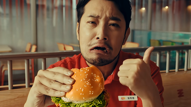 [AP신문 광고평론 No.1467]&nbsp; ​​​​​​​통다리 크리스피 치킨 버거를 맛보는 침착맨. 사진 리아버거가게 유튜브 캡처ⓒAP신문(AP뉴스)