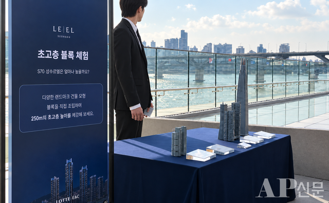 ©AP신문(AP뉴스)/이미지 = 조수빈 기자 ▲롯데건설이 30일 서울 광진구 르엘캐슬갤러리의 ‘S70 성수 르엘’ 팝업관에 마련한 초고층 블록 체험 공간. 건물 모형 블록을 조립하며 초고층 높이를 비교하도록 구성했다.