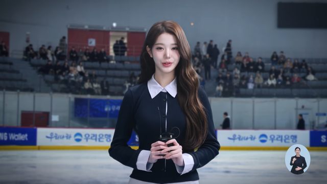 [AP신문 광고평론 No.1510]&nbsp; ​​​​​​​장원영이 피겨 스케이팅 경기의 리포터 역할을 맡았다. 사진 우리은행 유튜브 캡처ⓒAP신문(AP뉴스)