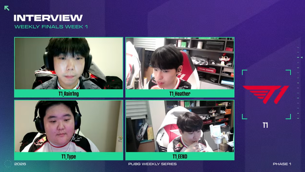 ⓒAP신문(AP뉴스)/이미지 제공=크래프톤 ▲'2026 PWS: 페이즈1' 1주차 위클리 파이널 1위를 차지한 T1 선수들.