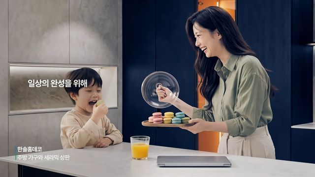 [AP신문 광고평론 No.1614]&nbsp; 주방에서 즐거운 시간을 보내는 모자의 모습. 사진 한솔그룹 유튜브 캡처ⓒAP신문(AP뉴스)