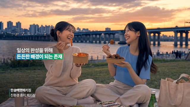 [AP신문 광고평론 No.1614]&nbsp; 한솔의 친환경 종이 패키징에 담긴 배달음식을 먹는 사람들. 사진 한솔그룹 유튜브 캡처ⓒAP신문(AP뉴스)