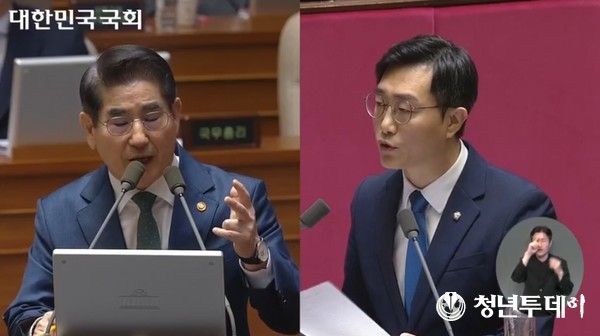 지난 10일&nbsp; 국회에서 열린 외교·통일·안보 분야 대정부질문에서 더불어민주당 장경태 의원과 김용현 국방장관이 설전을 펼치고 있다.(사진=국회방송 갈무리)
