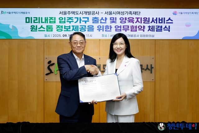 황상하&nbsp;SH&nbsp;사장(왼쪽)과 박정숙 서울시여성가족재단 대표이사가 협약 체결 후 악수하고 있다. 사진=SH