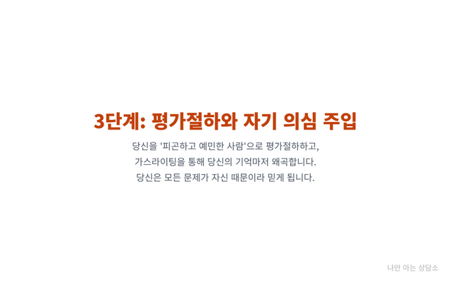 "나르시시스트 관계의 3단계, 평가절하와 자기 의심 주입. 지속적인 비난과 기억 왜곡을 통해 상대의 자존감을 파괴하는 과정." 