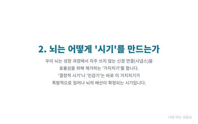 "뇌 발달 과정에서 결정적 시기와 민감기가 생기는 이유. 사용하지 않는 신경 연결을 제거하는 시냅스 가지치기의 원리."