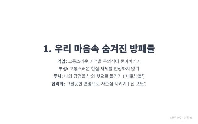 "주요 방어기제 종류 설명 (1). 고통스러운 기억을 잊는 억압, 현실을 거부하는 부정, 남 탓을 하는 투사, 변명하는 합리화."