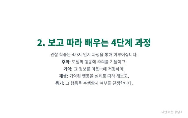 "관찰 학습이 일어나는 4가지 인지 과정: 주의, 기억, 재생, 동기. 모델의 행동을 보고 배우는 심리적 단계를 설명." 