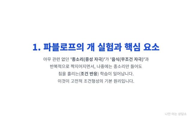 "고전적 조건형성의 기본 원리. 음식(무조건 자극)과 짝지어진 종소리(중성 자극)가 나중에는 종소리만으로 침을 흘리는 조건 반응을 유발하는 과정." 