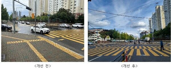 대구광역시 달서구 성당초등학교 교차로 개선 전·후 사진(사진제공=한국도로교통공단)