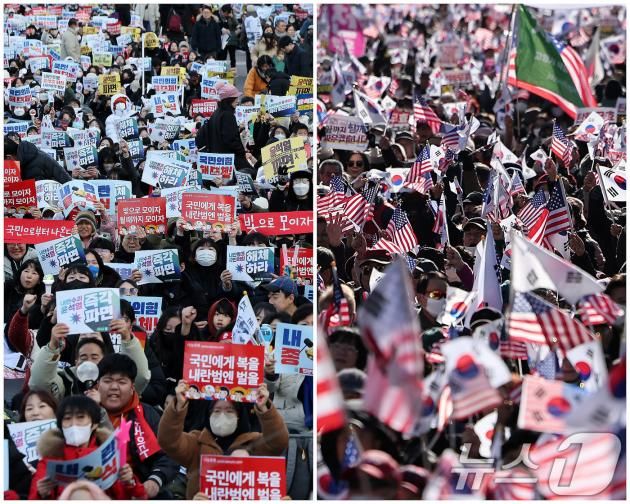 설 연휴인 25일 오후 서울 도심 경복궁과 광화문 일대에서는 윤석열 대통령 탄핵을 촉구하거나 반대하는 대규모 집회가 열렸다. 사진은 경복궁 4번출구 인근에서 열린 ‘윤석열 대통령 탄핵 촉구 집회’(왼쪽)와 동화면세점 앞에서 열린 '윤석열 대통령 탄핵 반대 집회'(오른쪽). 2025.1.25/뉴스1 ⓒ News1 김성진 기자,이동해 기자