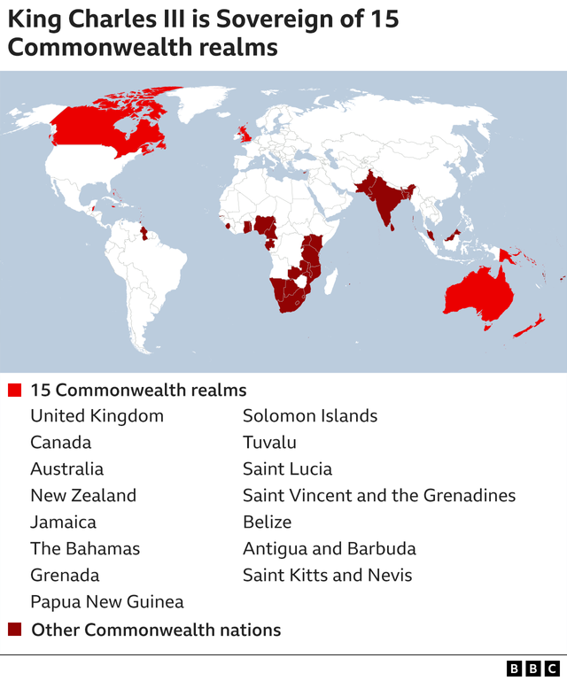 ‘영연방 왕국’ 15개국과 그 외 영연방 집합체 회원국 위치