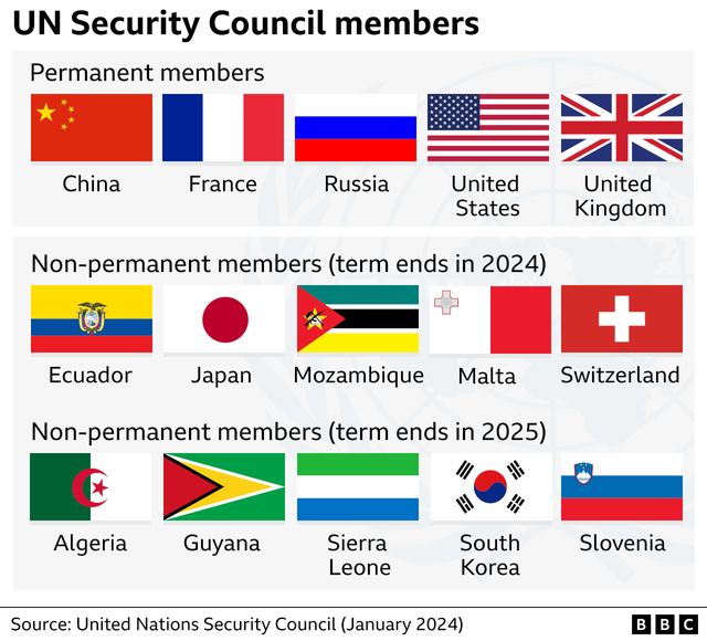 UN 안전보장이사회의 상임이사국 5개국 및 비상임이사국의 국기를 표시한 그래프