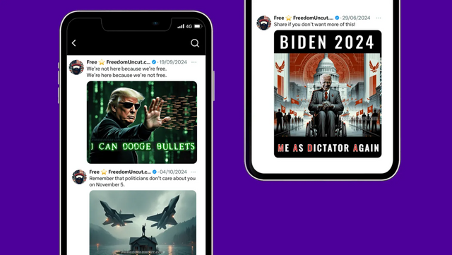 프리덤 언컷은 도널드 트럼프를 지지하거나 민주당을 비판하는 내용을 담은 정치 풍자성 AI 생성 이미지를 소셜미디어에 올린다 