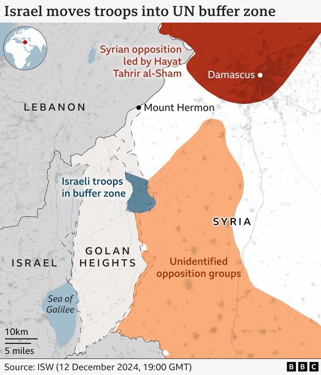 헤르몬 산 등 이스라엘군이 점령한 완충 지역을 표시한 골란 고원 지도