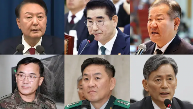 윤석열 대통령, 김용현 전 국방부 장관, 이상민 전 행정안전부 장관, 여인형 전 국군 방첩사령관, 이진우 수도방위사령관, 조지호 경찰청장