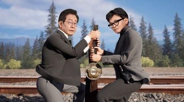 미션 임파서블의 열차 액션을 패러디해 이재명 대표와 한동훈 위원장의 얼굴이 합성된 그래픽