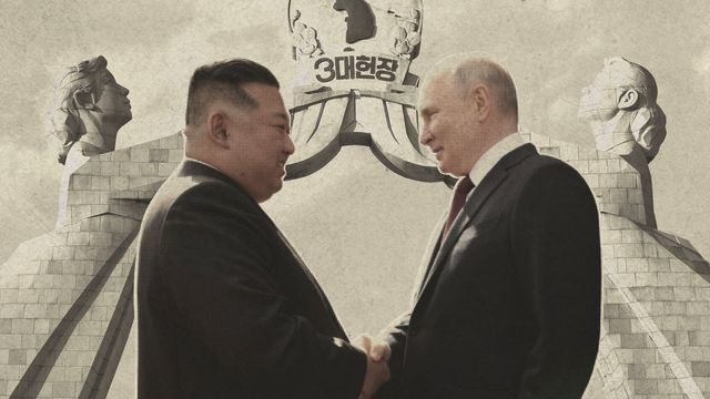 악수하는 김정은 북한 국무위원장과 블라디미르 푸틴 러시아 대통령