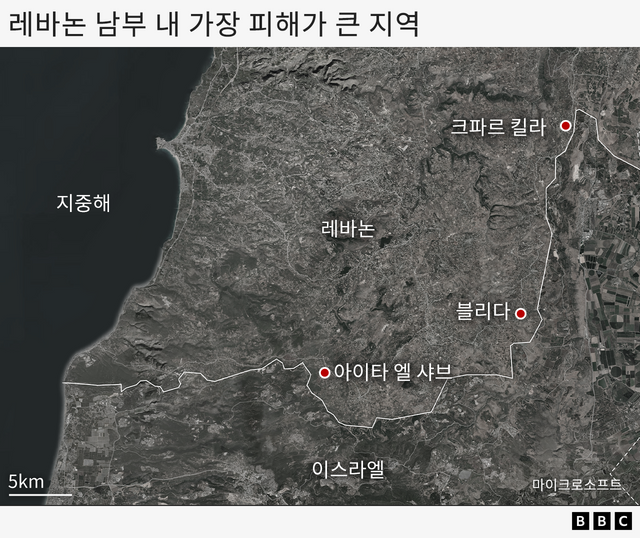 가장 큰 피해를 입은 세 지역의 위치를 표시한 지도