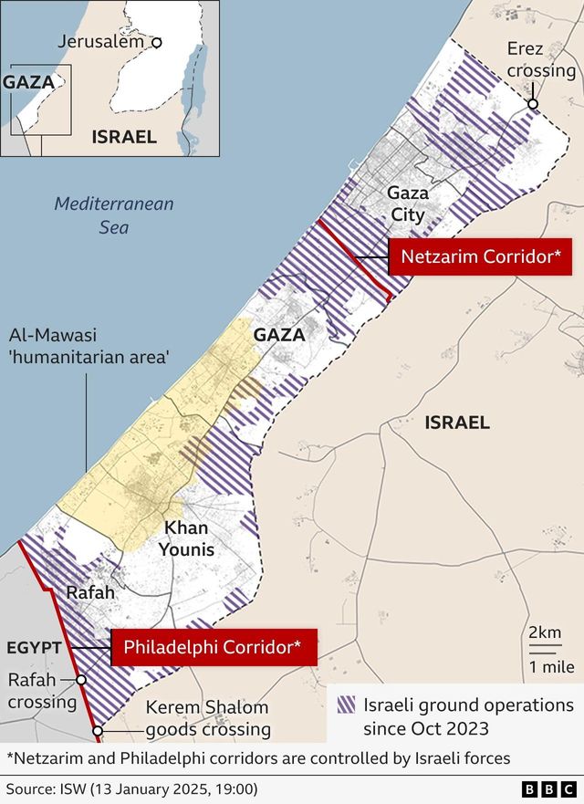 2023년 10월 이후 이스라엘 지상 작전 전개 구역과 넷자림, 필라델피 회랑 등을 표기한 가자 지구의 지도