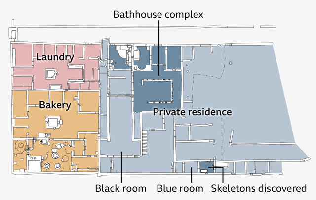 A hand-drawn floorplan of the excavation site highlighting the five rooms that comprise the bathhouse complex within the private residence.