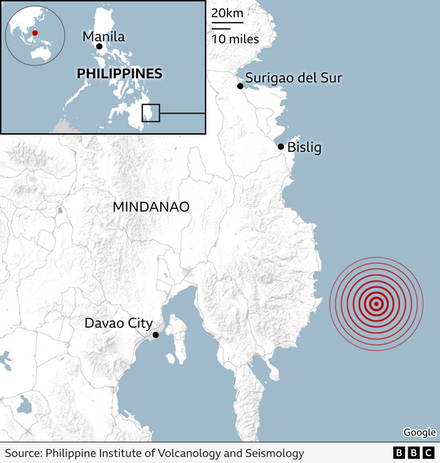 10월 10일 필리핀 남부 해안에서 발생한 규모 7.4 지진의 위치를 보여주는 지도
