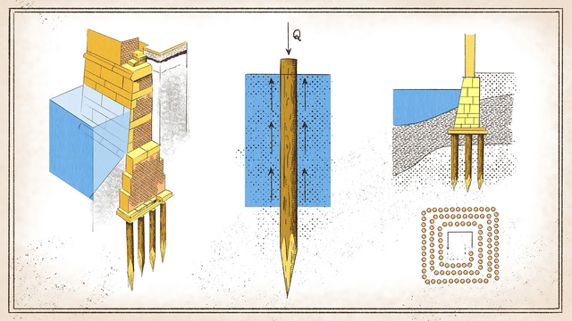 기초 공사에 나무 말뚝이 어떻게 사용되는지 보여주는 그래픽. 여러 말뚝으로 떠받치는 구조물, 힘의 방향을 표시한 말뚝, 건물 아래 촘촘히 배치된 말뚝