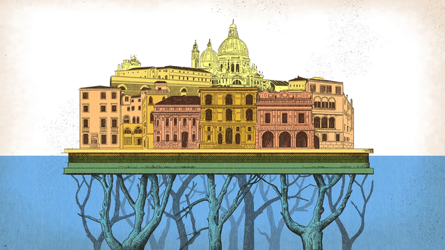 물 위로 뻗은 나무 기둥 위에 자리한 베네치아의 모습을 그린 일러스트