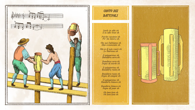 세 사람이 망치로 나무 말뚝을 땅에 박는 모습의 삽화, ‘말뚝 박는 사람들의 노래’ 악보 삽화, 원통형 물체 삽화