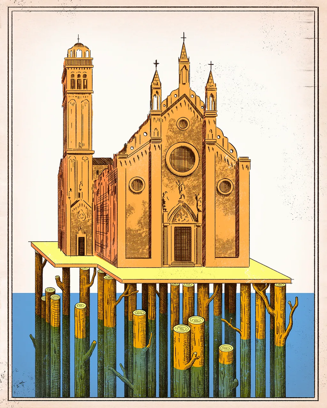 높은 종탑 등 화려한 성당이 나무 기둥 위에 세워진 모습을 그린 일러스트