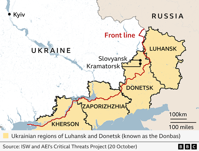 루한스크, 도네츠크, 자포리자, 헤르손이 표시된 지도 위 최전선의 위치