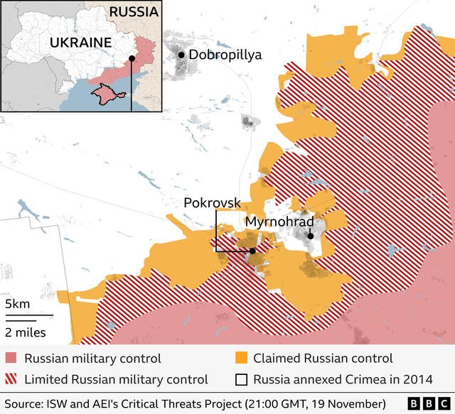 우크라이나 동부의 포크로우스크와 미르노흐라드 지도
