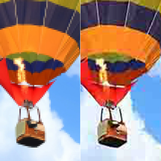 해상도가 떨어지는 열기구 사진 두 장을 이어붙인 사진. 두 번째 사진에는 이상한 패턴과 흐릿한 경계선이 있다.