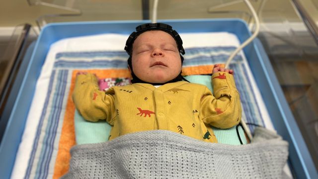 태어난 지 3주 된 아기가 파란색 병원용 아기 침대에 누워 잠들어 있다. 침대는 투명한 측면 벽으로 둘러싸여 있으며, 아이는 공룡 그림이 그려진 노란색 아기 옷을 입고 두 팔을 양옆으로 벌린 채 평온한 모습이다. 아기의 머리에는 새로운 형태의 휴대용 모니터링 캡이 씌워져 있다. 이 캡은 작은 검은색 수영모나 럭비 스타일의 모자처럼 생겼으며, 표면에는 센서가 내장된 돌기들이 촘촘히 배치되어 있다. 턱 아래에서 단단히 고정된 이 캡의 윗부분에서는 흰색 케이블이 뻗어 나와 컴퓨터와 연결된 기술 장비로 이어진다.