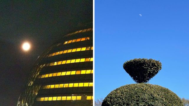 밤하늘 건물 위에 밝은 점으로 보이는 달 사진과 낮에 촬영한 부분월식 사진