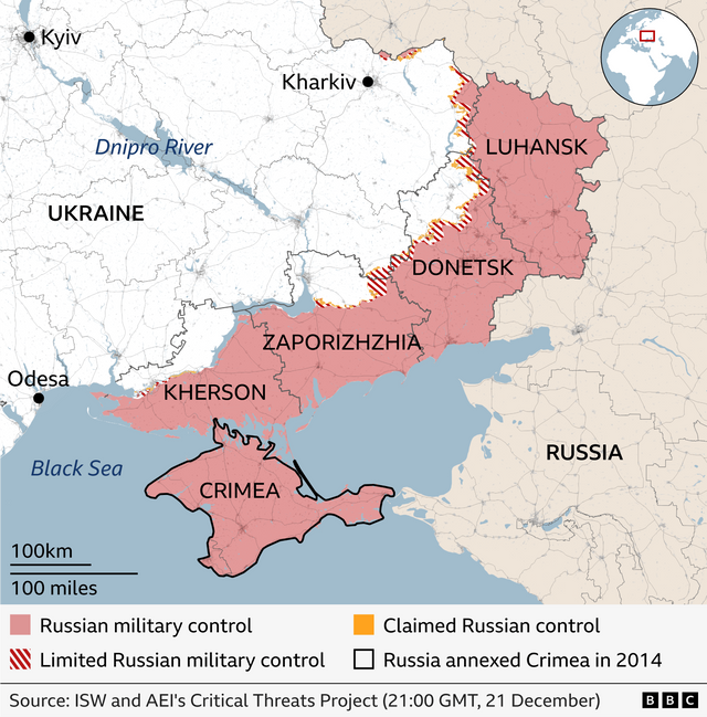 우크라이나 동부에서 러시아군이 통제하거나 제한적으로 통제하고 있는 지역을 보여주는 지도. 루한스크, 도네츠크, 자포리자, 헤르손, 크림반도 지역이 강조돼 있다.