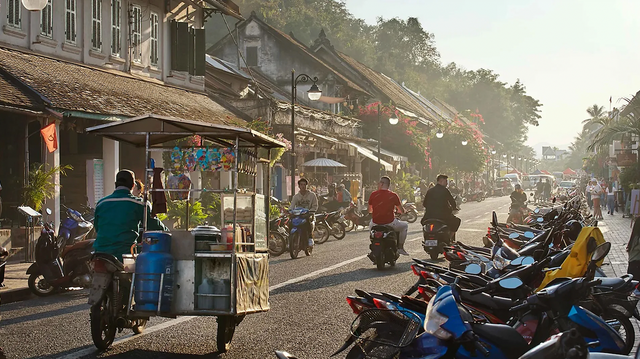 오토바이와 노점이 줄지어선 거리 위 몇 몇 사람들이 오토바이를 타고 거리를 지나간다. 