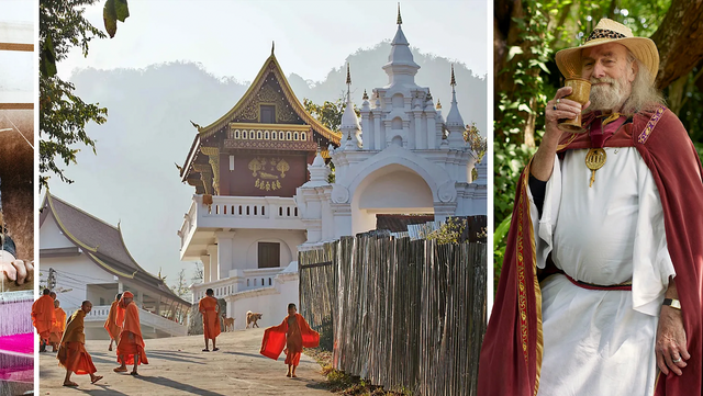 왼쪽에는 한 사원에서 주황색 승복을 입은 승려들이 모여있고, 오른쪽에서는 전통 의상을 입은 한 남성이 잔을 들고 미소를 짓고 있다.