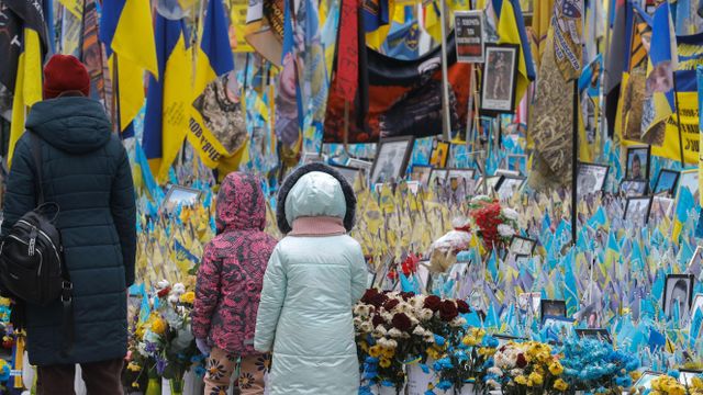 우크라이나 참전용사를 기리는 곳을 걷고 있는 사람들 