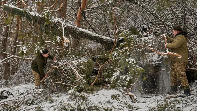 나무로 무기를 위장하고 있는 우크라이나 군인들
