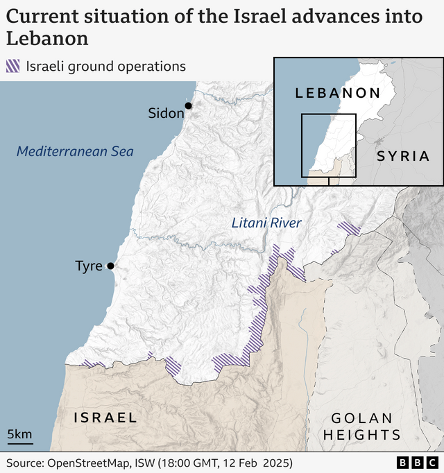 이스라엘의 레바논 내 진격 현황(2025년 2월 12일 오후 6시(GMT) 기준)을 표시한 지도