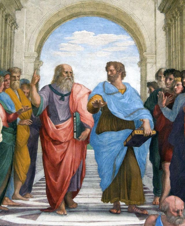 ‘아테네 학당’의 세부 장면으로, 그리스 철학자 플라톤(빨간색 로브)과 아리스토텔레스(파란색 로브)가 등장한다. 1509년에서 1511년 사이 라파엘로가 그린 작품으로, 바티칸 시국의 사도 궁전에 소장돼 있다