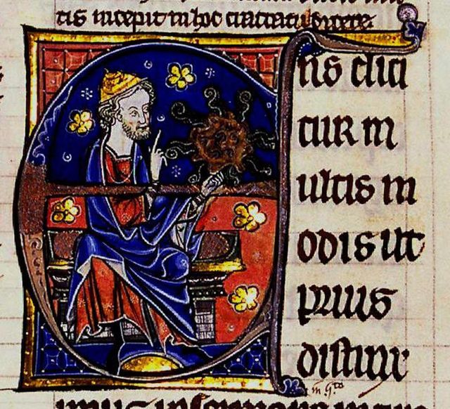 아리스토텔레스. 출처: 아리스토텔레스의 데 아니마에 대한 아베로에스의 대주석 (13세기). 프랑스 국립도서관 소장